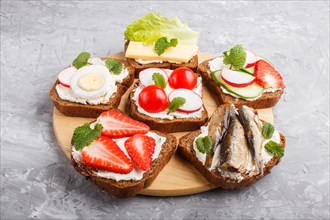 Set of different sandwiches with cheese, radish, lettuce, strawberry, sprats, tomatoes and cucumber