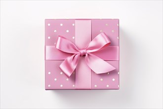 Top view of pink gift box with ribboon white bacground. KI generiert, generiert AI generated