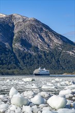 Cruise ship Stella Australis anchored between ice floes in Pia Bay in front of the Pia Glacier,