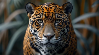 Portrait of a Jaguar (Panthera onca), The King of the Amazon Jungle, with a focused stare and a