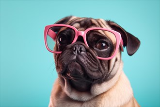 Funny pug dog with pink reading glasses on blue bakcground. KI generiert, generiert AI generated