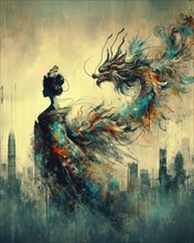 A profile view of a woman with an abstract dragon and a skyline cityscape in the background, shunga