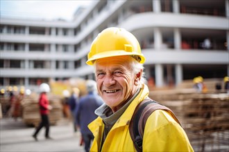 Elderly man with safety helmet at construction site. Concept for raising retirement age. KI