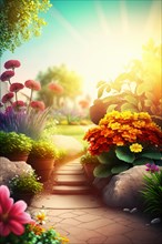 Sunlit garden pathway lined with colorful flowers and potted plants, creating a warm, inviting