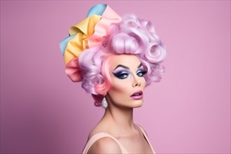 Portrait of drag queen with colorful hair on pastel pink background. KI generiert, generiert AI