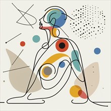 Abstract geometric illustration of a woman with colorful shapes and lines, continuous line art,