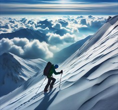 A mountaineer climbs up a steep snowy slope in the mountains, symbolic image mountaineering,