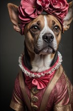 Dog adorned with flowers and dressed in vintage attire, full of character, over grey solid studio
