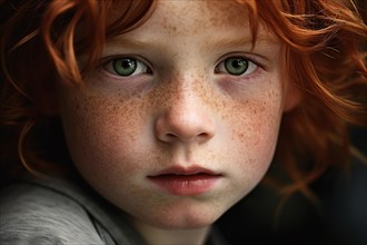 Close up of face of young boy child with red hair and many freckles on skin. KI generiert,