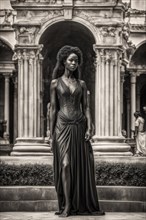 African american female fashion model in a flowing gown posing powerfully in an aged roman