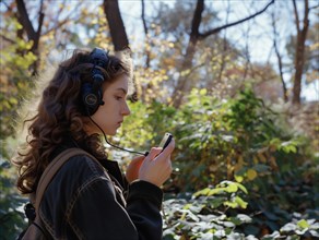 A woman in casual wear with headphones using a smartphone amidst autumn foliage under sunlight,