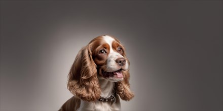 English cocker spaniel young dog posing. white and brown dog or pet playing happy, isolated, AI