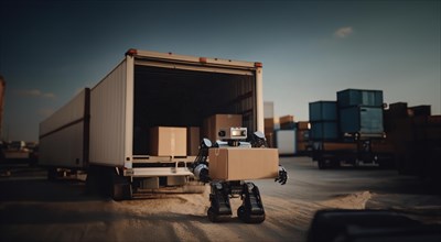 Robot loader loads boxes with cargo, modern technologies in the logistics industry, AI generated