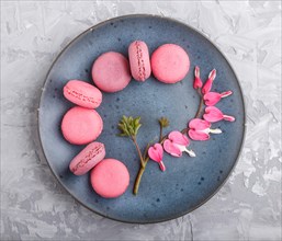 Purple and pink macaron or macaroon cakes with bleeding heart flowers on blue ceramic plate on a
