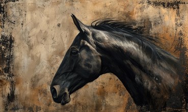 Dynamic angle of a black horse in an artistic dark representation AI generated
