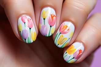 Nail art design with seasonal spring flowers on white base. KI generiert, generiert AI generated