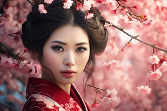 Asian woman with pink flowers of Japanese Sakura cherry tree in spring. KI generiert, generiert AI