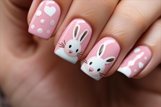 Woman's fingernails with seasonal Easter nail art design with cute bunnies, dots and hearts. KI