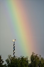 Figure of a rooster, weathercock on maypole in front of rainbow, Marzling, Upper Bavaria, Bavaria,