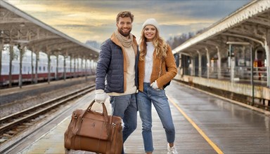 AI generated, A young couple wants to travel and is waiting for the train at the station, 20, 25,