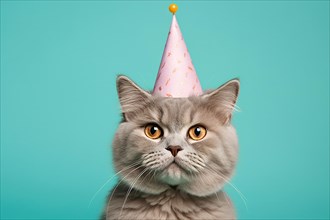 Portrait of cat with pink birthday party hat in front of blue background, AI generated