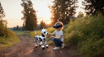 Child in VR glasses with a robot dog in nature. The concept of robotics in children's lives, AI