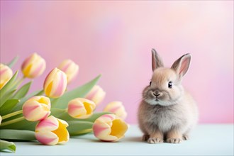 Cute small baby bunny with tulip spring flowers on pink background. KI generiert, generiert AI