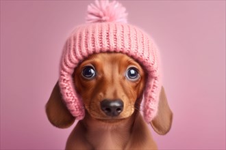 Cute Dachshund with pink knitted hat. KI generiert, generiert AI generated