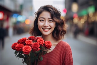 Young Asian woman with bouquet of red rose flowers in street. KI generiert, generiert AI generated