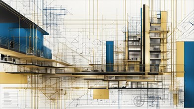 Architectural sketch of a modern building, highlighted with blue and gold colors, horizontal aspect