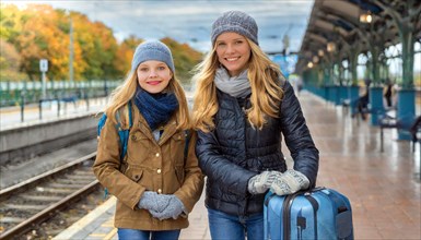 AI generated, Two young blonde woman want to travel and wait for the train at the station, 18, 25,
