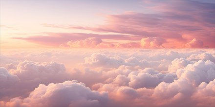 Sky with beautiful sunset over pastel pink colored clouds. KI generiert, generiert AI generated