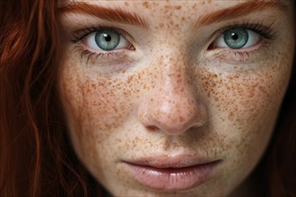 Portrait of woman with red hair and many freckles. KI generiert, generiert AI generated