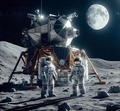 Astronauts stand in front of their lunar module on the moon, symbolic image science fiction, space