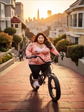 Curvy asian young Woman in a floral shirt riding a BMX bike in the city with a sunset illuminating