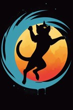 Silhouette of a cat against a stylized moon and night sky, with warm colors, minimalist vintage