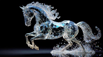Jumping horse, animal sculpture made of bluish shimmering crystal glass, AI generated, AI generated