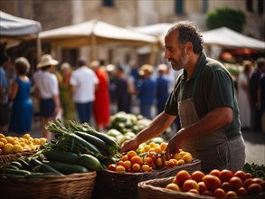 A vendor arranges fresh fruits and vegetables at a bustling open-air market, horizontal wide aspect