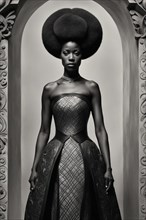 Black Woman and with a afro hairstyle in an ornate gown and headdress posing in an elegant setting,