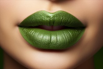 Close up of woman's mouth with green St. Patrick's Day lipstick. KI generiert, generiert AI