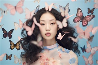 Beautiful Asian woman with dark hair surrounded by butterflies in front of blue studio background.