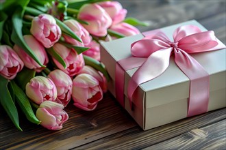 Gift Box with Pink Ribbon Beside bouquet of Fresh Tulips. Background for Valentine day, March 8,