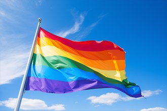 Rainbow colored LGTB flag in front of blue sky. KI generiert, generiert AI generated, rainbow,