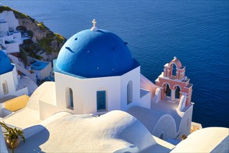 White churches with blue domes, Ia, Oia, Santorini, Cyclades, Greece, Europe