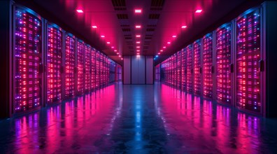 Long hallway in server room with purple lighting and reflective floor creating a high-tech vibe, ai