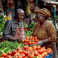 Happy elderly couple interacting at a market with fresh tomatoes on display, ai generated, AI