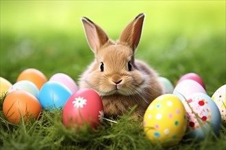 Brown bunny with colorful Easter eggs in grass. KI generiert, generiert AI generated