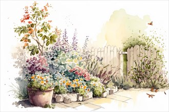 Artistic watercolor painting of a peaceful garden with plants and a fence, Spring garden background