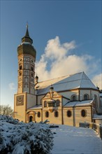 Andechs Monastery in winter, sunset, Fuenfseenland, Pfaffenwinkel, Upper Bavaria, Bavaria, Germany,