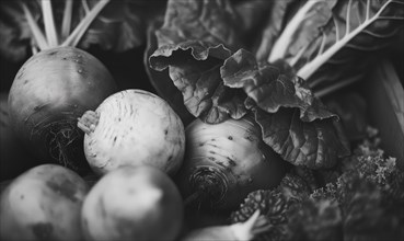 Black and white photo of fresh organic vegetables, close-up AI generated